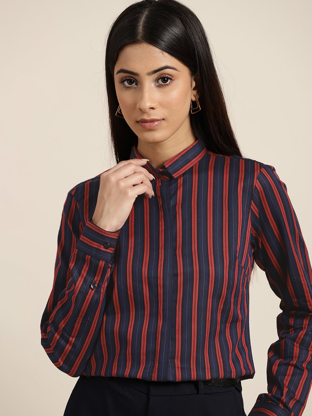 Women Navy & Red Stripes Pure Cotton Slim Fit Formal Shirt - #folk republic#