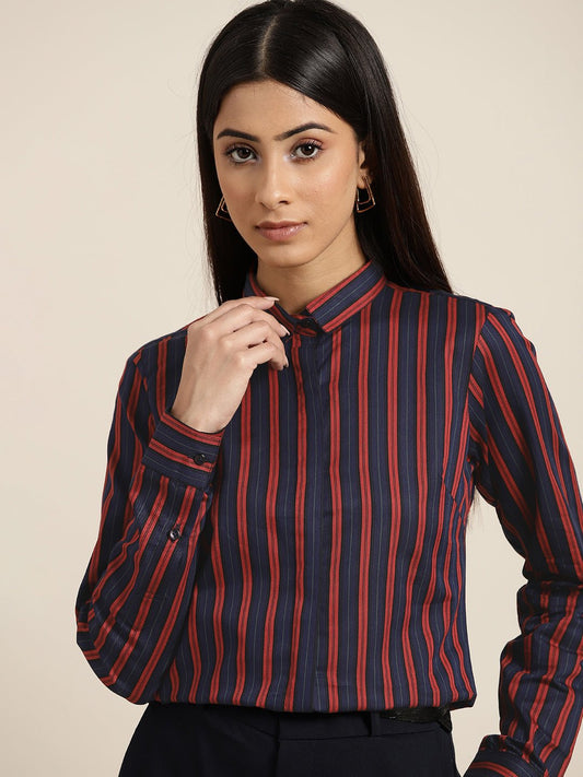Women Navy & Red Stripes Pure Cotton Slim Fit Formal Shirt - #folk republic#