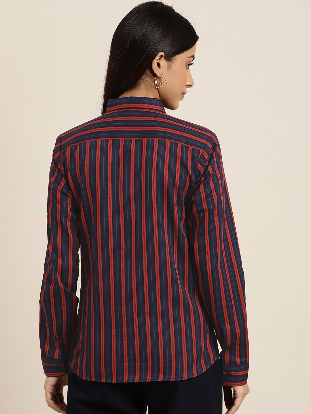 Women Navy & Red Stripes Pure Cotton Slim Fit Formal Shirt - #folk republic#