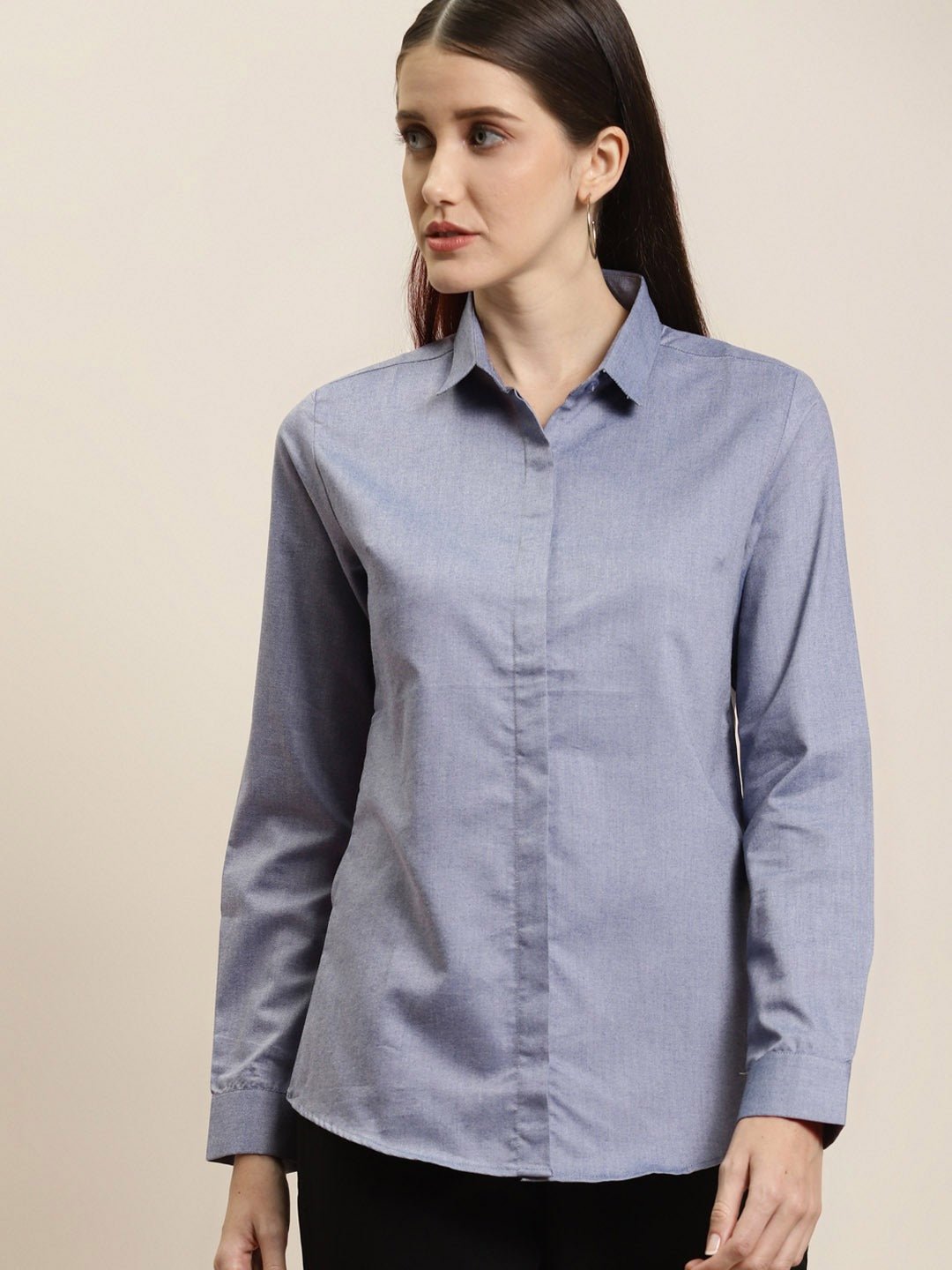 Women Navy Solid Chambray Cotton Rich Slim Fit Formal Shirt - #folk republic#