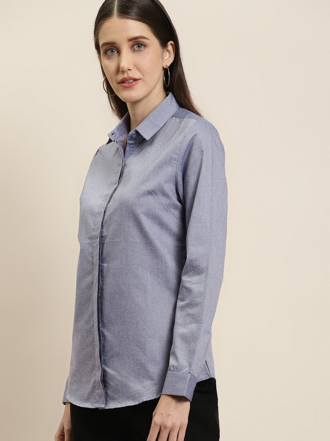 Women Navy Solid Chambray Cotton Rich Slim Fit Formal Shirt - #folk republic#