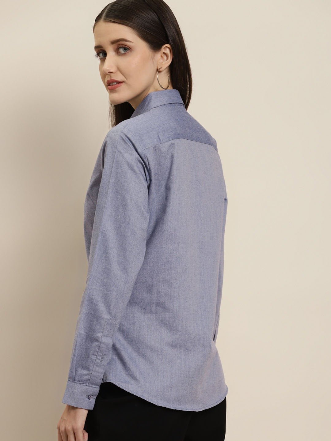 Women Navy Solid Chambray Cotton Rich Slim Fit Formal Shirt - #folk republic#