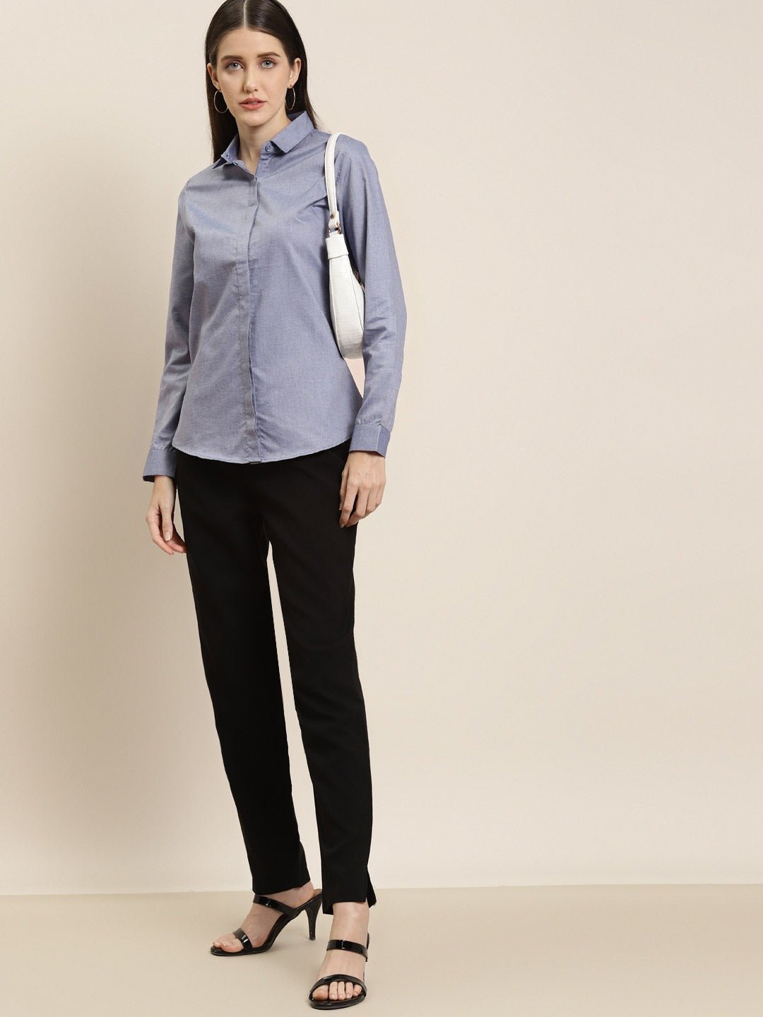 Women Navy Solid Chambray Cotton Rich Slim Fit Formal Shirt - #folk republic#