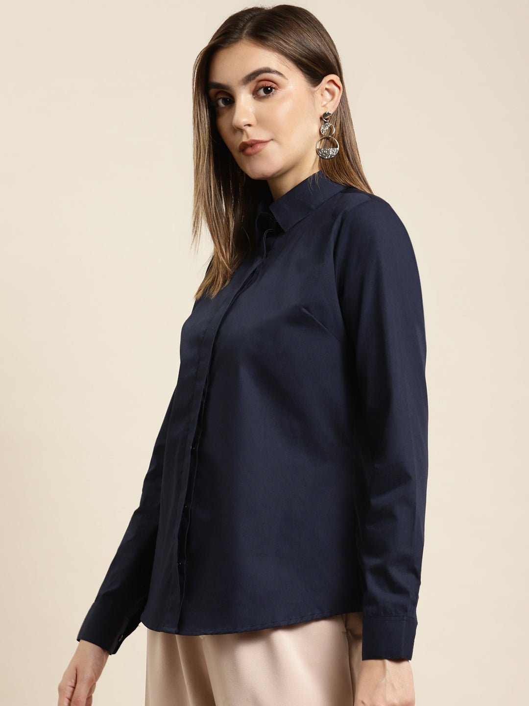 Women Navy Solid Pure Cotton Regular Fit Formal Shirt - #folk republic#