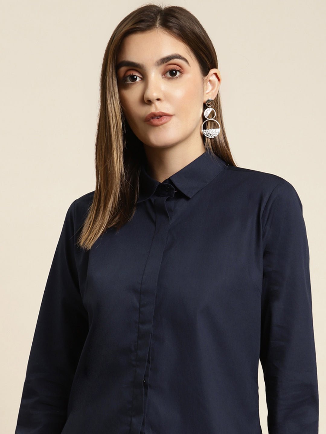 Women Navy Solid Pure Cotton Regular Fit Formal Shirt - #folk republic#