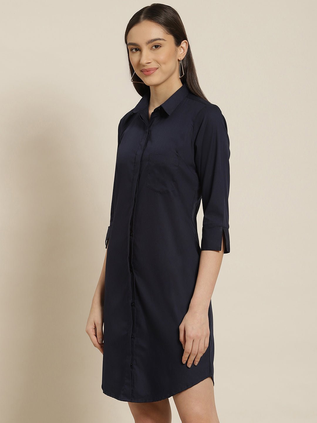 Women Navy Solid Pure Cotton Regular Fit Shirt Dress - #folk republic#