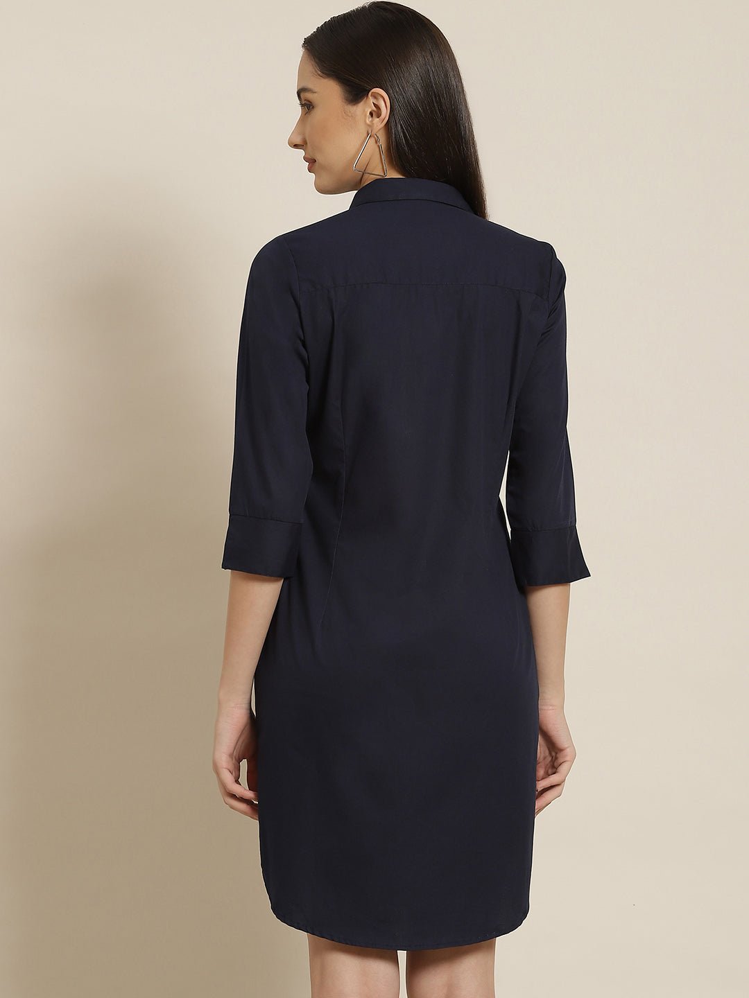 Women Navy Solid Pure Cotton Regular Fit Shirt Dress - #folk republic#