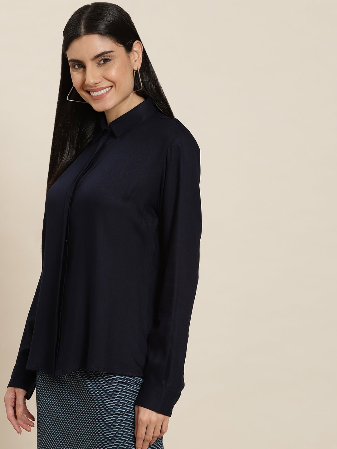Women Navy Solid Viscose Rayon Regular Fit Formal Shirt - #folk republic#