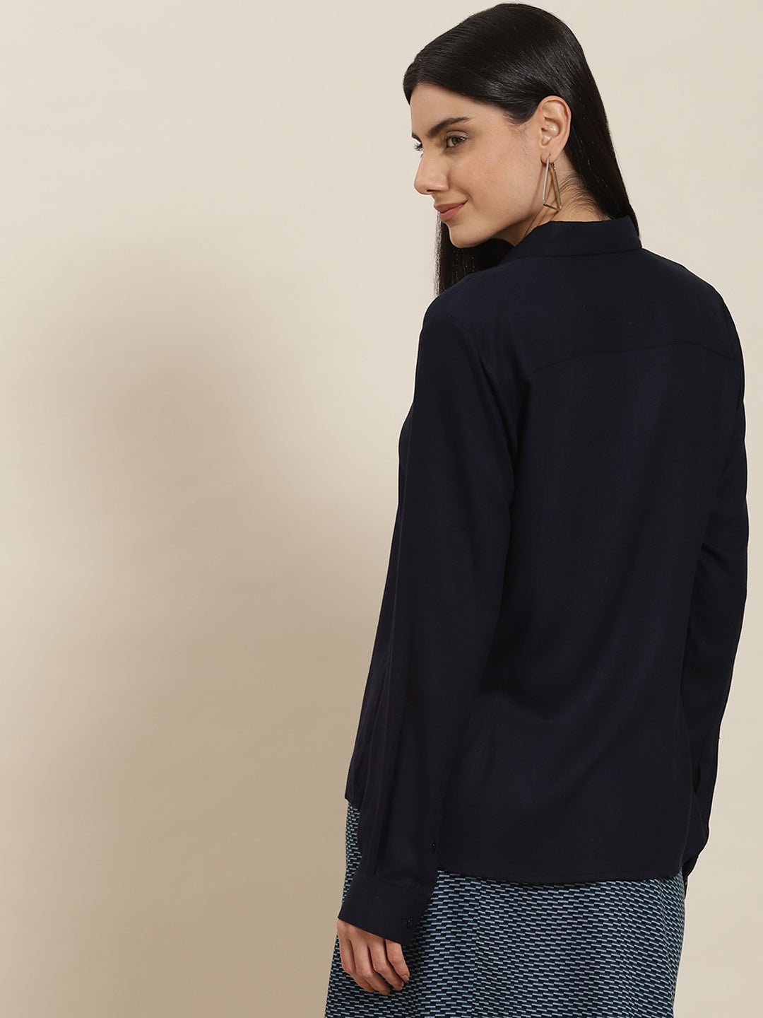 Women Navy Solid Viscose Rayon Regular Fit Formal Shirt - #folk republic#