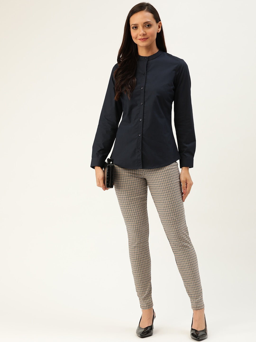 Women Navy Solids Pure Cotton Slim Fit Formal Shirt - #folk republic#