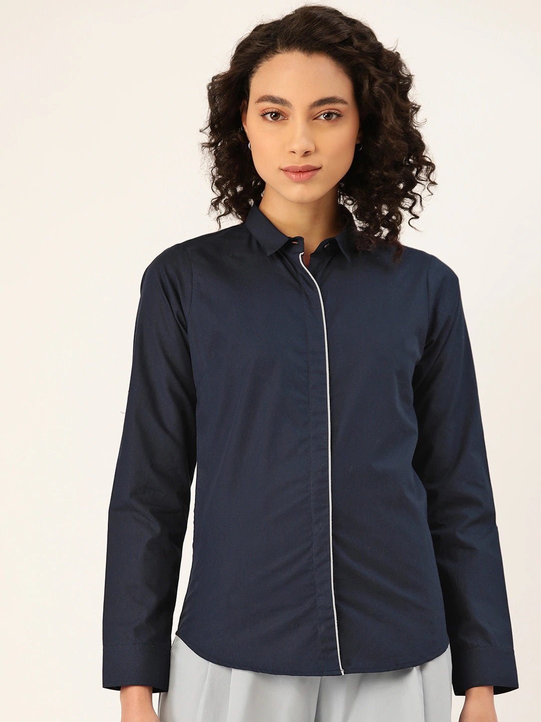 Women Navy Solids Pure Cotton Slim Fit Formal Shirt - #folk republic#
