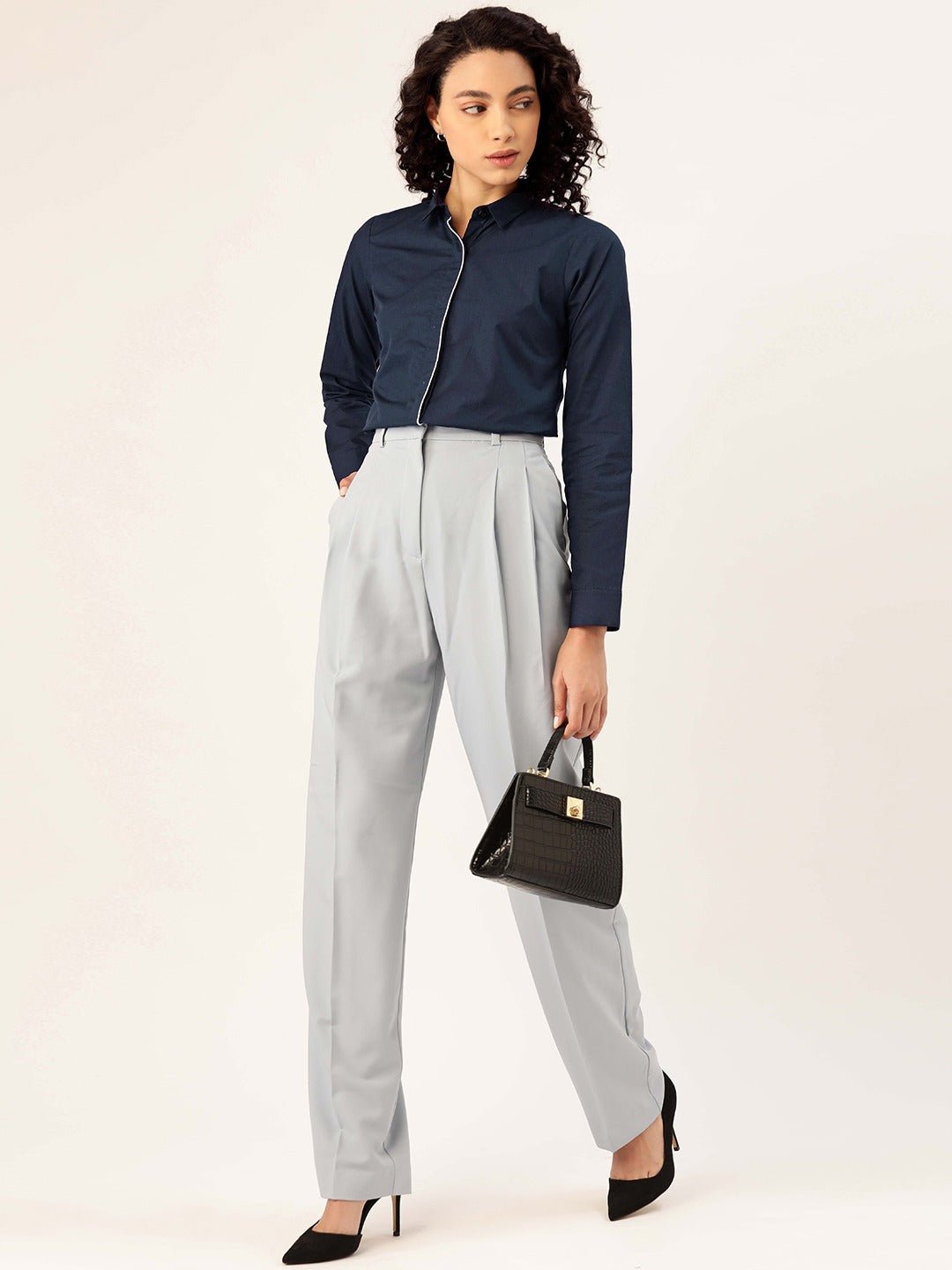 Women Navy Solids Pure Cotton Slim Fit Formal Shirt - #folk republic#