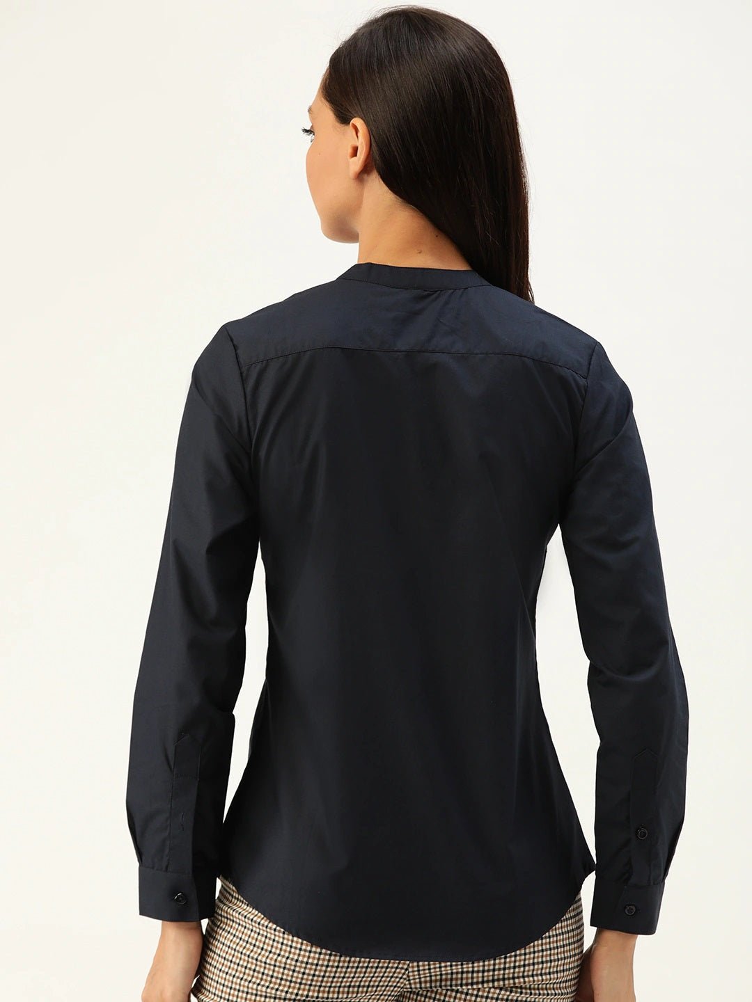Women Navy Solids Pure Cotton Slim Fit Formal Shirt - #folk republic#