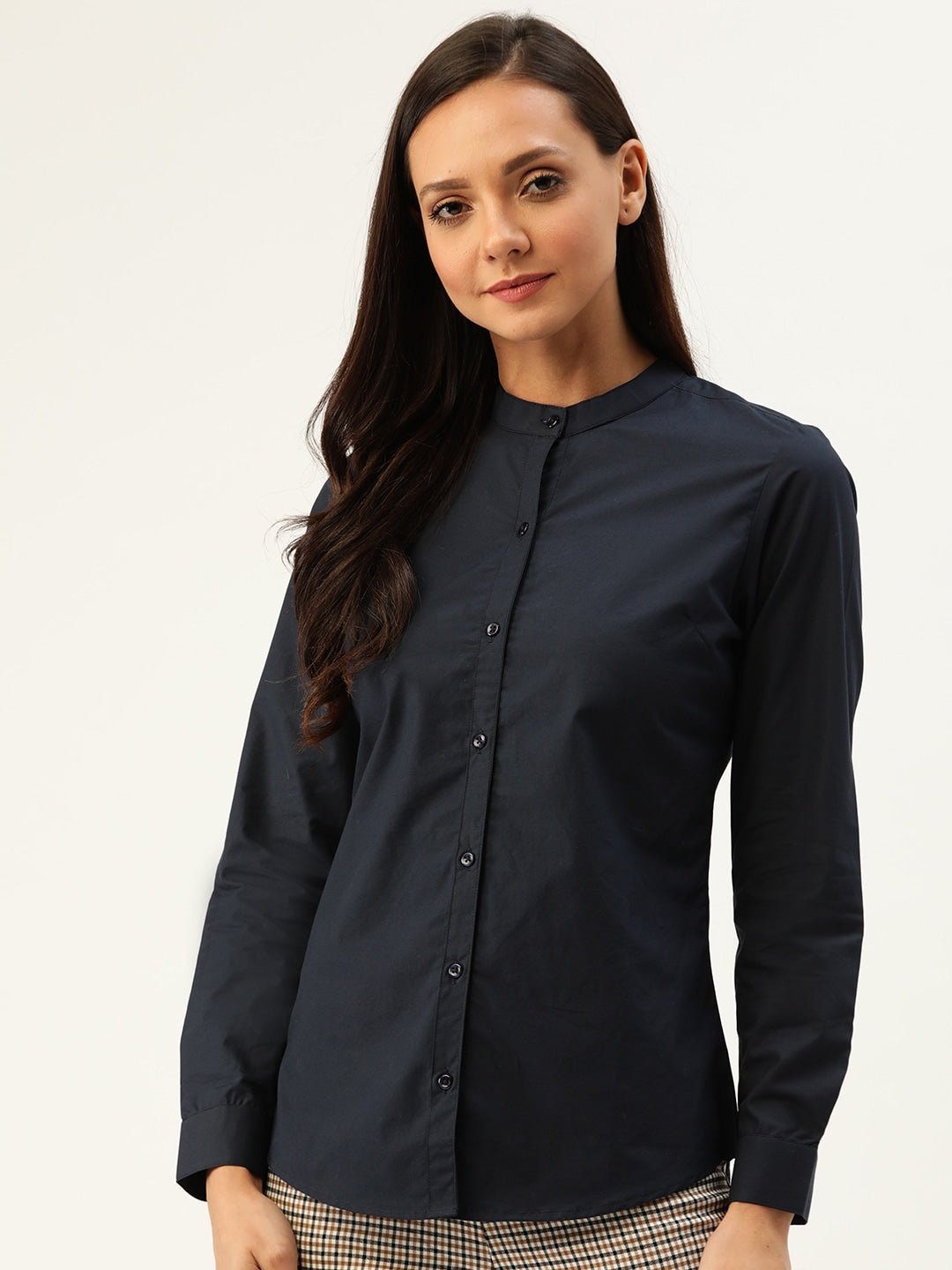 Women Navy Solids Pure Cotton Slim Fit Formal Shirt - #folk republic#