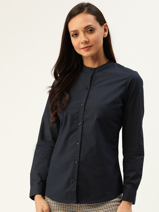 Women Navy Solids Pure Cotton Slim Fit Formal Shirt - #folk republic#