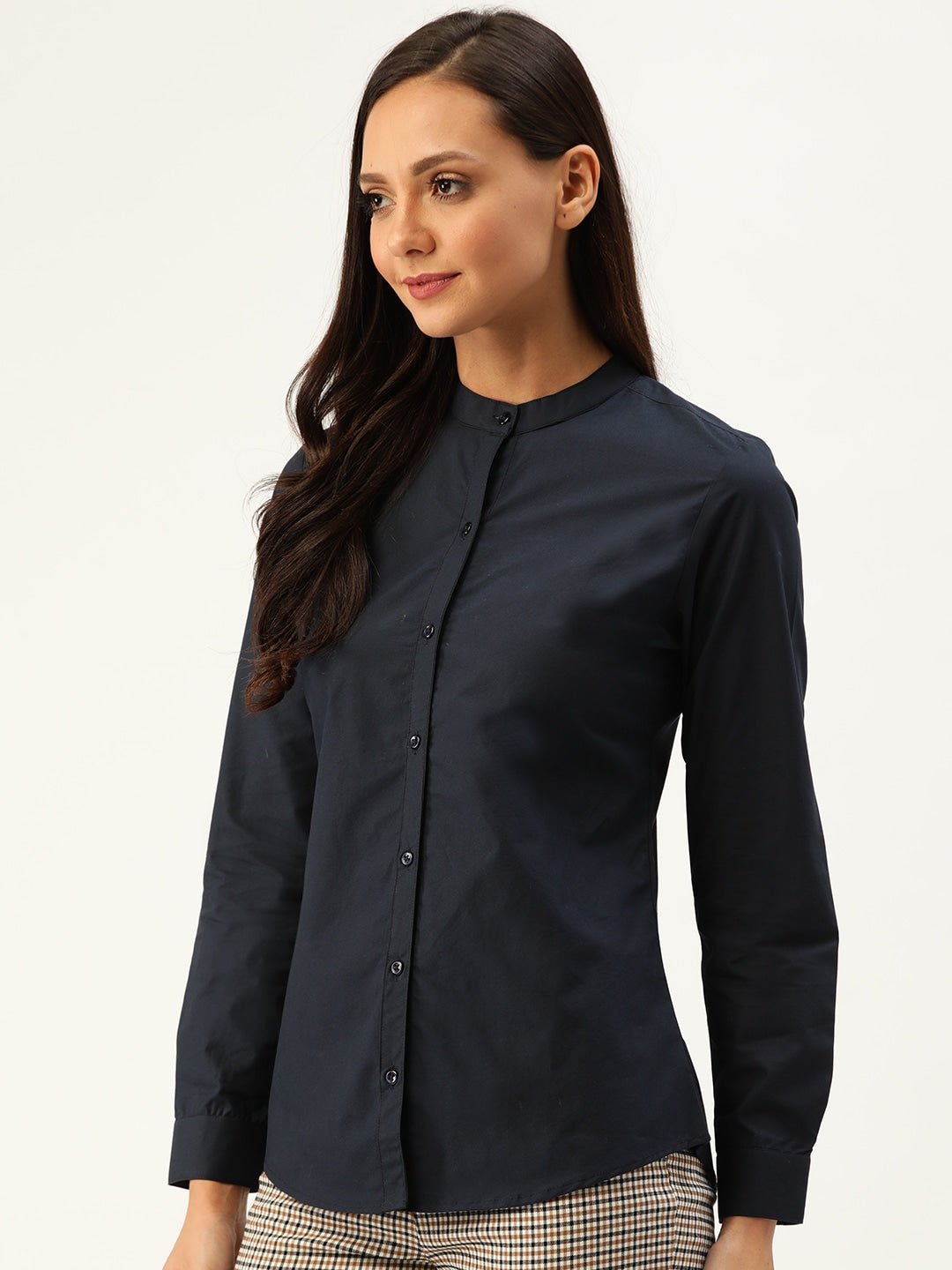 Women Navy Solids Pure Cotton Slim Fit Formal Shirt - #folk republic#