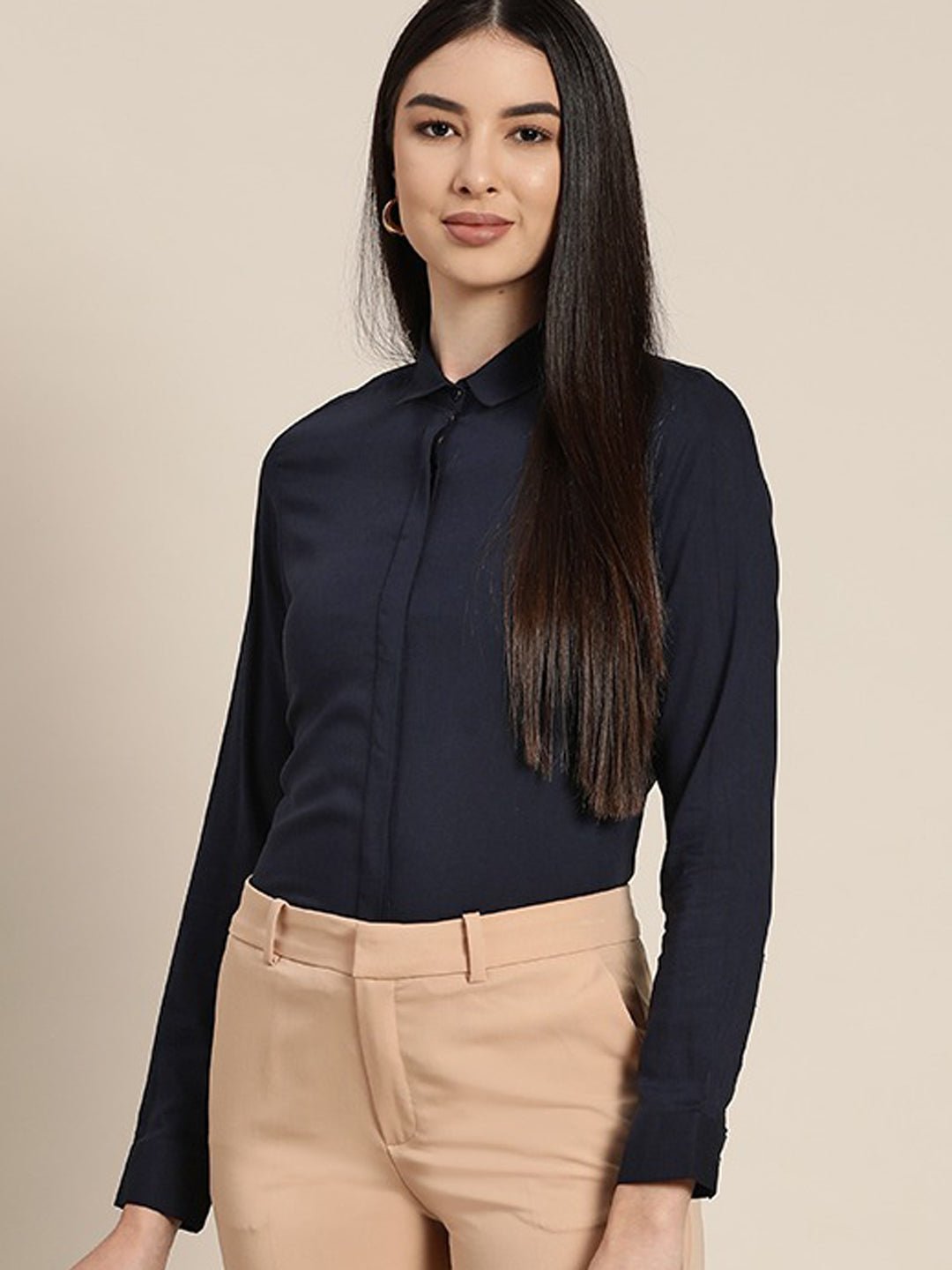 Women Navy Solids Viscose Rayon Slim Fit Formal Shirt - #folk republic#