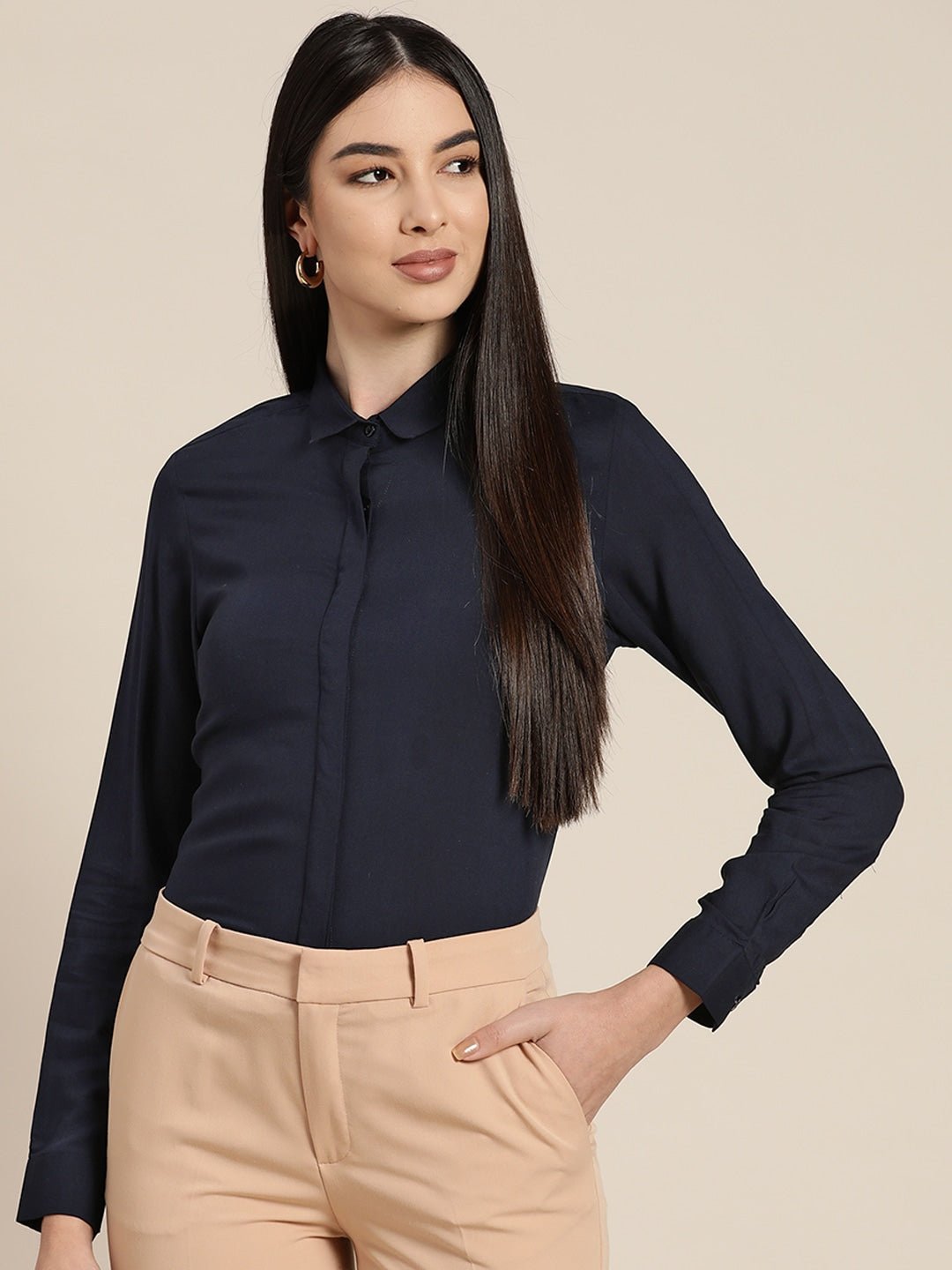 Women Navy Solids Viscose Rayon Slim Fit Formal Shirt - #folk republic#