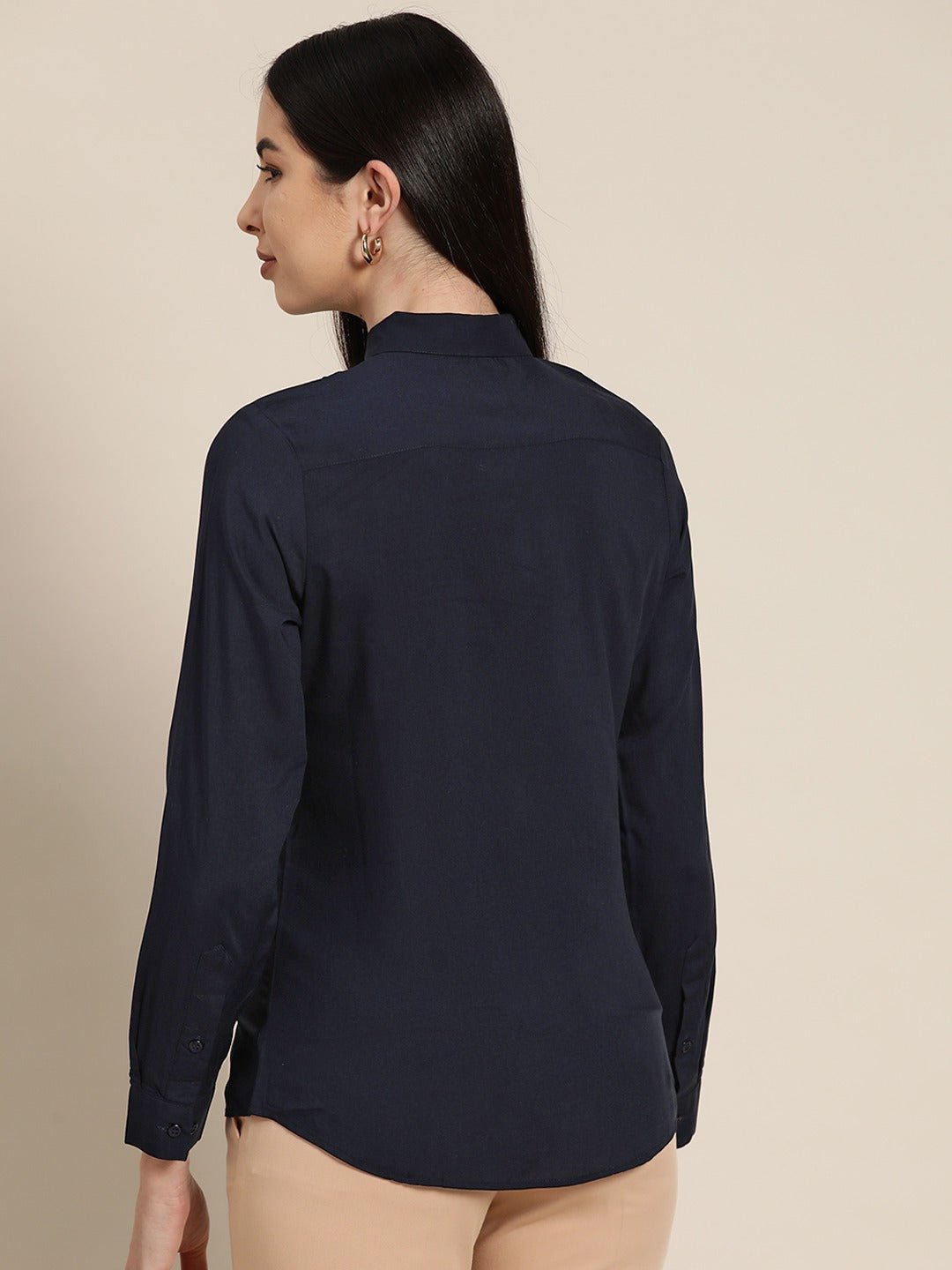Women Navy Solids Viscose Rayon Slim Fit Formal Shirt - #folk republic#