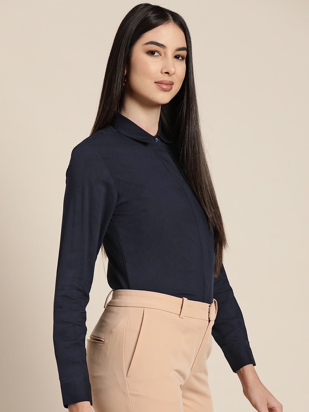 Women Navy Solids Viscose Rayon Slim Fit Formal Shirt - #folk republic#