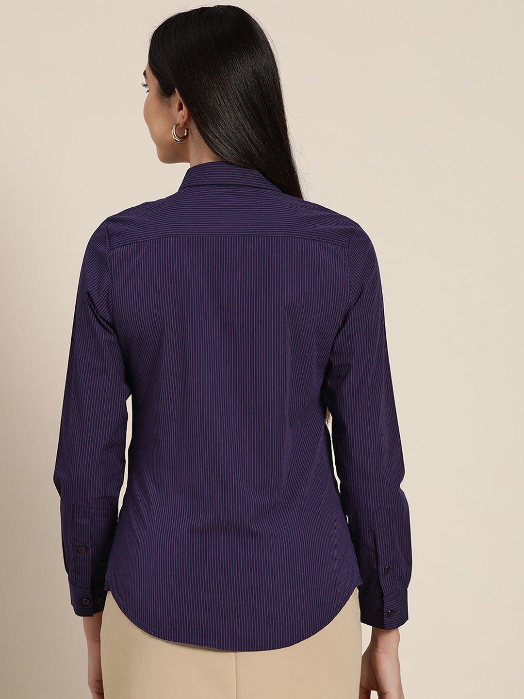 Women Navy Striped Pure Cotton Slim Fit Formal Shirt - #folk republic#
