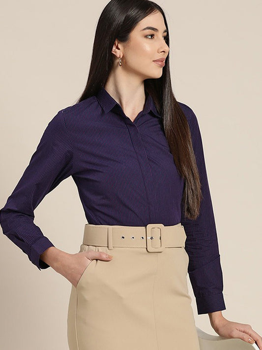 Women Navy Striped Pure Cotton Slim Fit Formal Shirt - #folk republic#