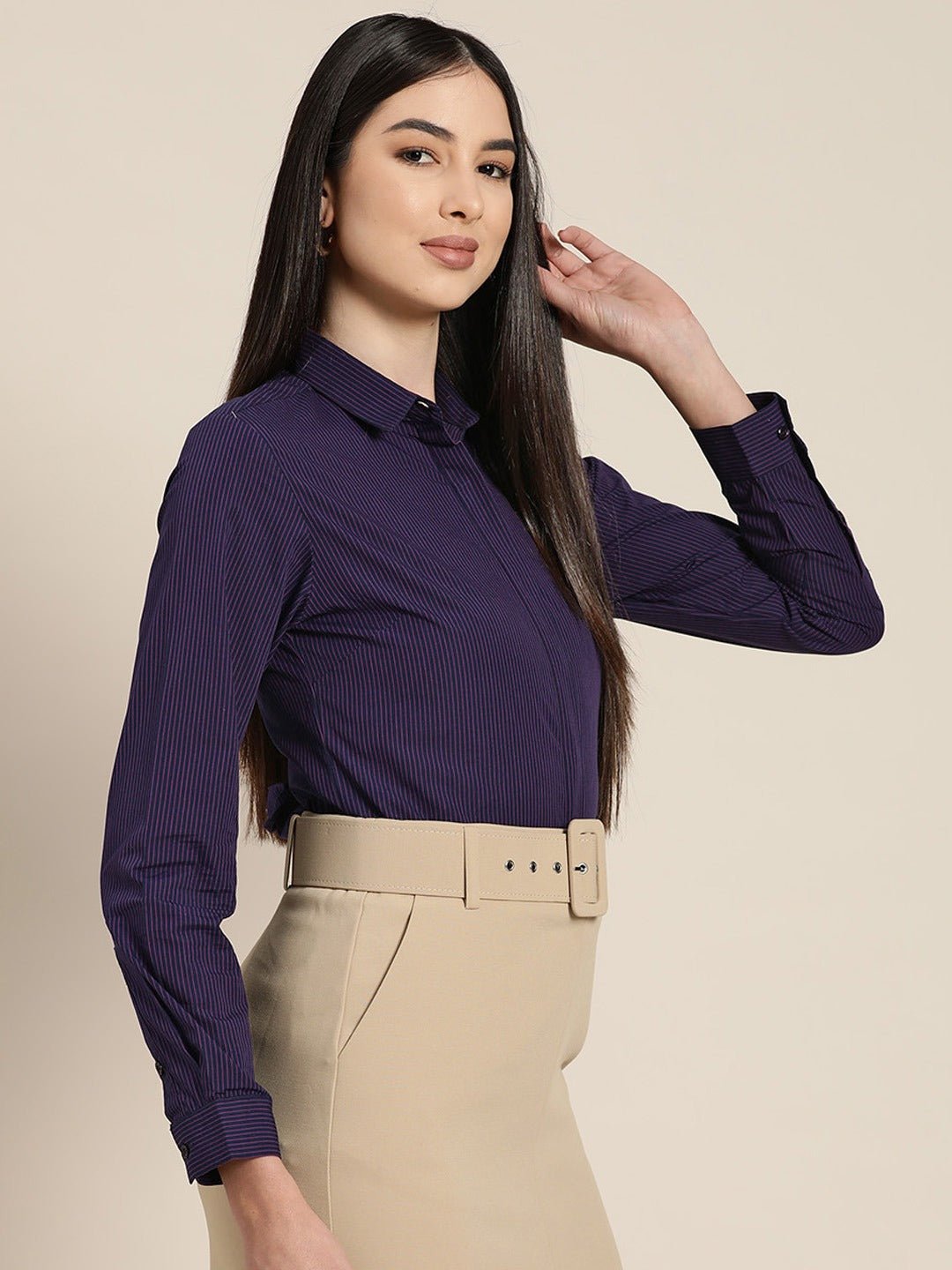 Women Navy Striped Pure Cotton Slim Fit Formal Shirt - #folk republic#