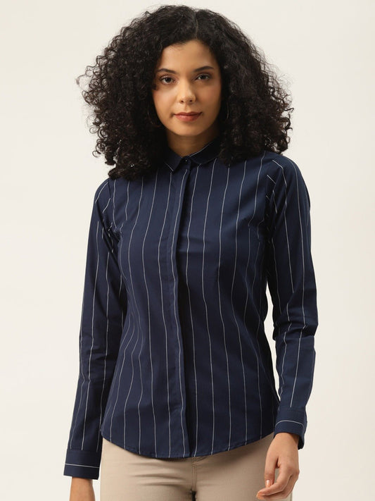 Women Navy Stripes Pure Cotton Slim Fit Formal Shirt - #folk republic#