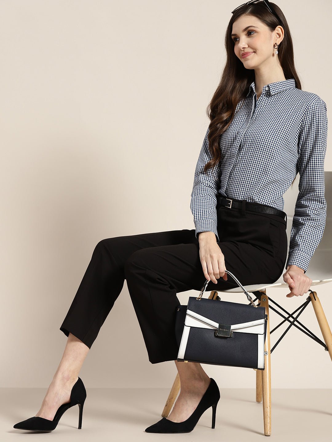 Women Navy & White Checked Pure Cotton Regular Fit Formal Shirt - #folk republic#