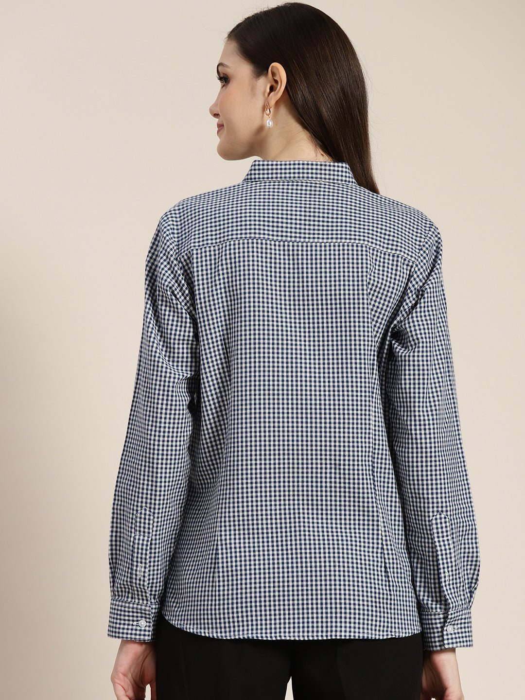 Women Navy & White Checked Pure Cotton Regular Fit Formal Shirt - #folk republic#