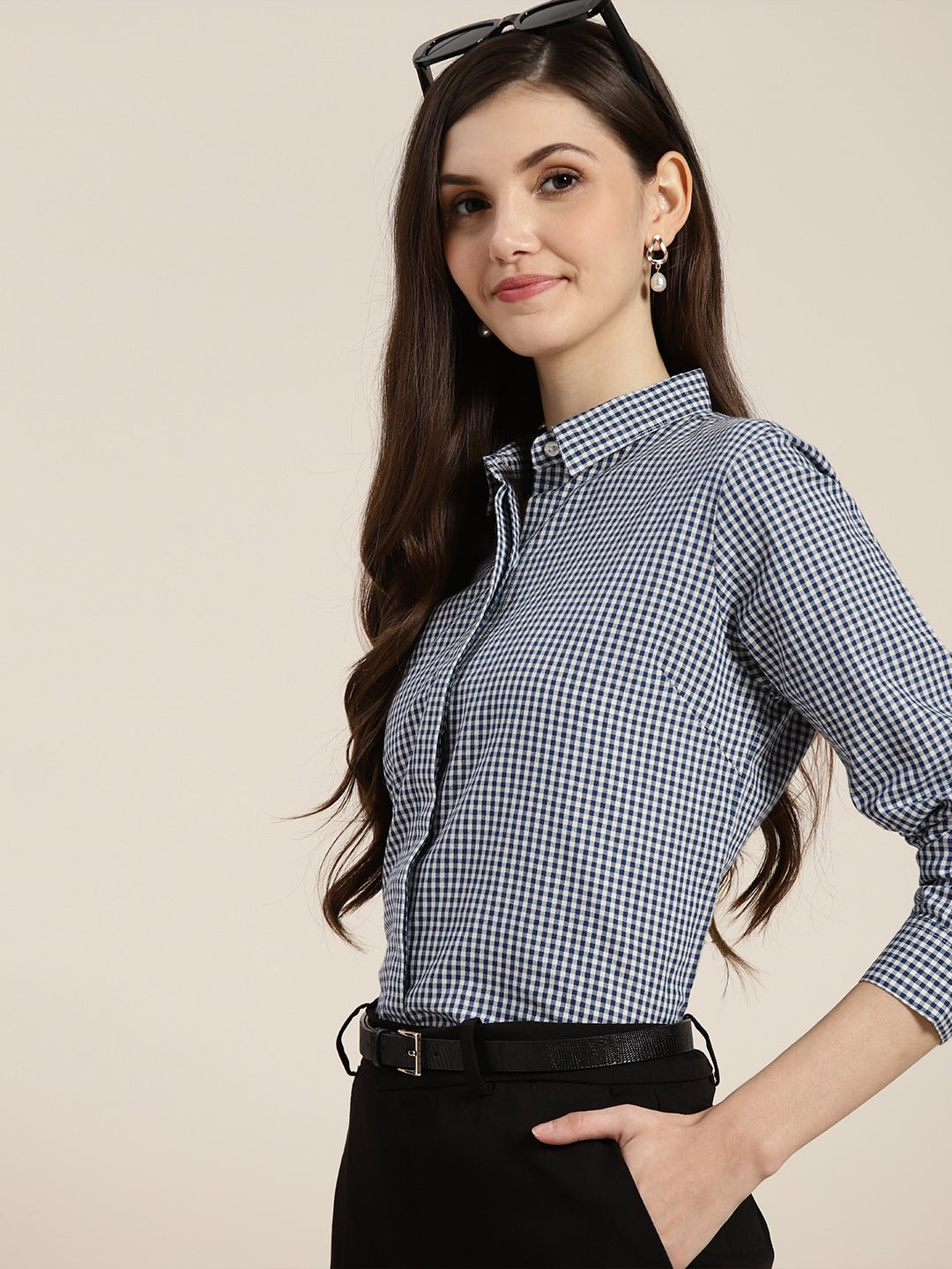 Women Navy & White Checked Pure Cotton Regular Fit Formal Shirt - #folk republic#