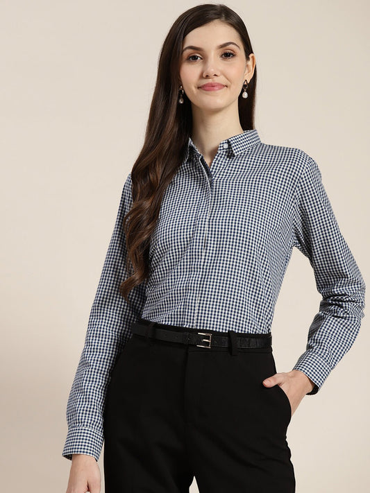 Women Navy & White Checked Pure Cotton Regular Fit Formal Shirt - #folk republic#