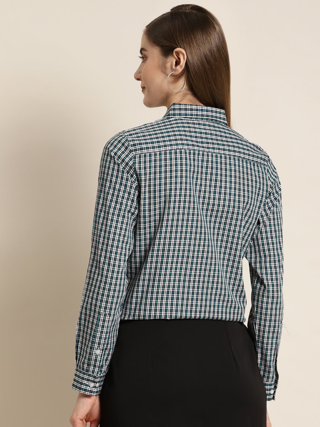 Women Navy & White Checked Pure Cotton Slim Fit Formal Shirt - #folk republic#