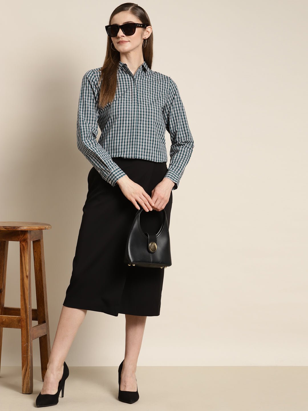 Women Navy & White Checked Pure Cotton Slim Fit Formal Shirt - #folk republic#