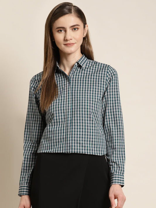 Women Navy & White Checked Pure Cotton Slim Fit Formal Shirt - #folk republic#