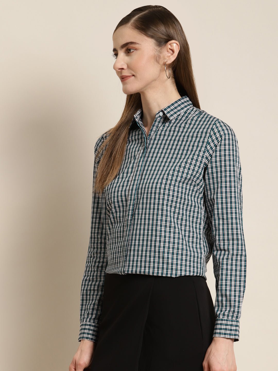 Women Navy & White Checked Pure Cotton Slim Fit Formal Shirt - #folk republic#