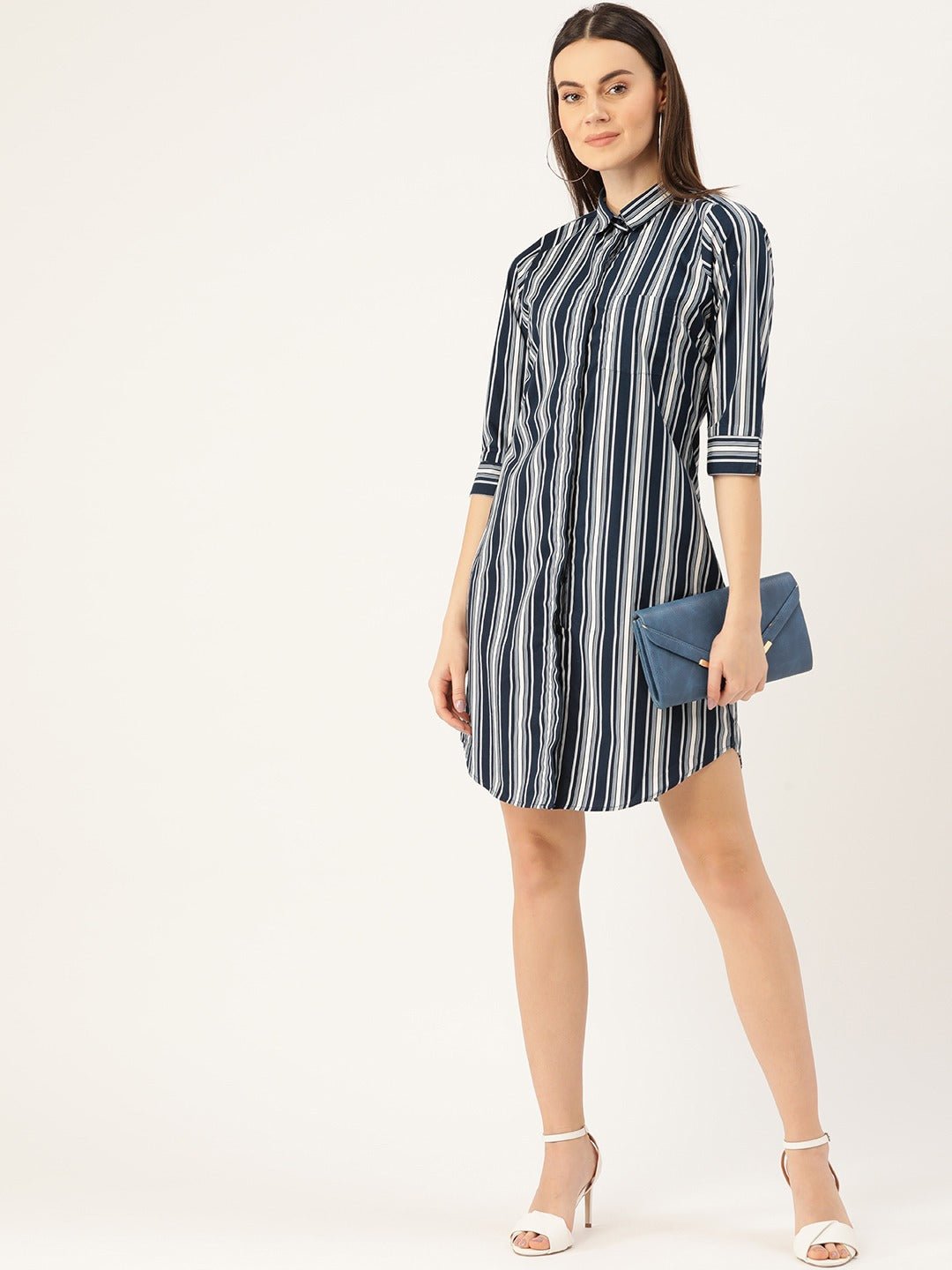 Women Navy & White Stripes Pure Cotton Regular Fit Shirt Dress - #folk republic#