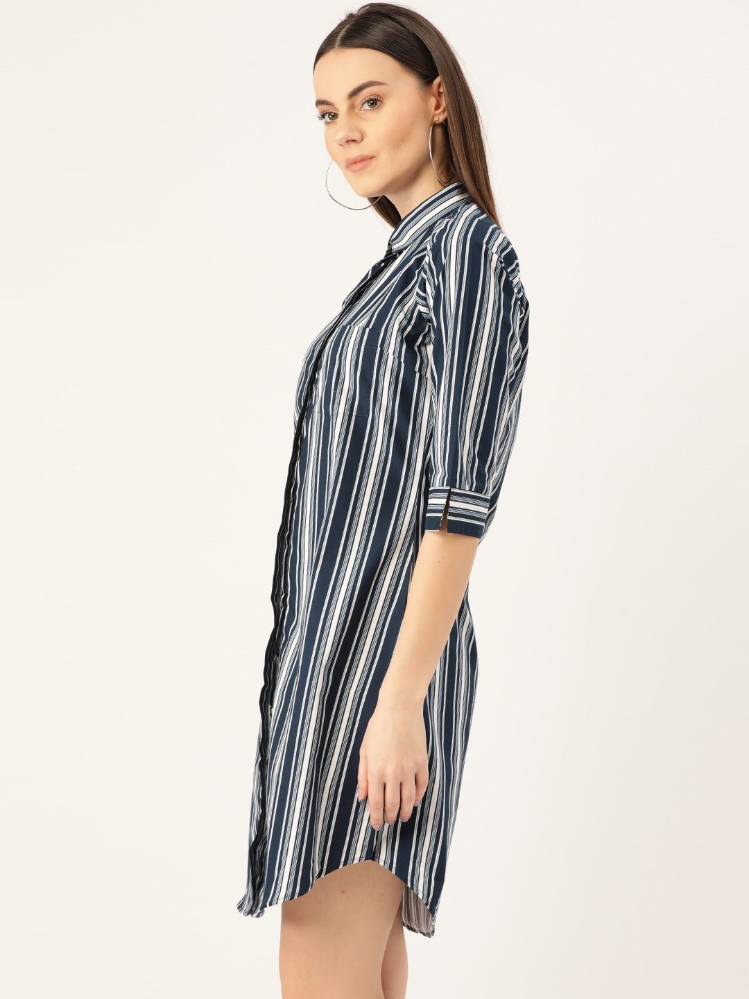 Women Navy & White Stripes Pure Cotton Regular Fit Shirt Dress - #folk republic#