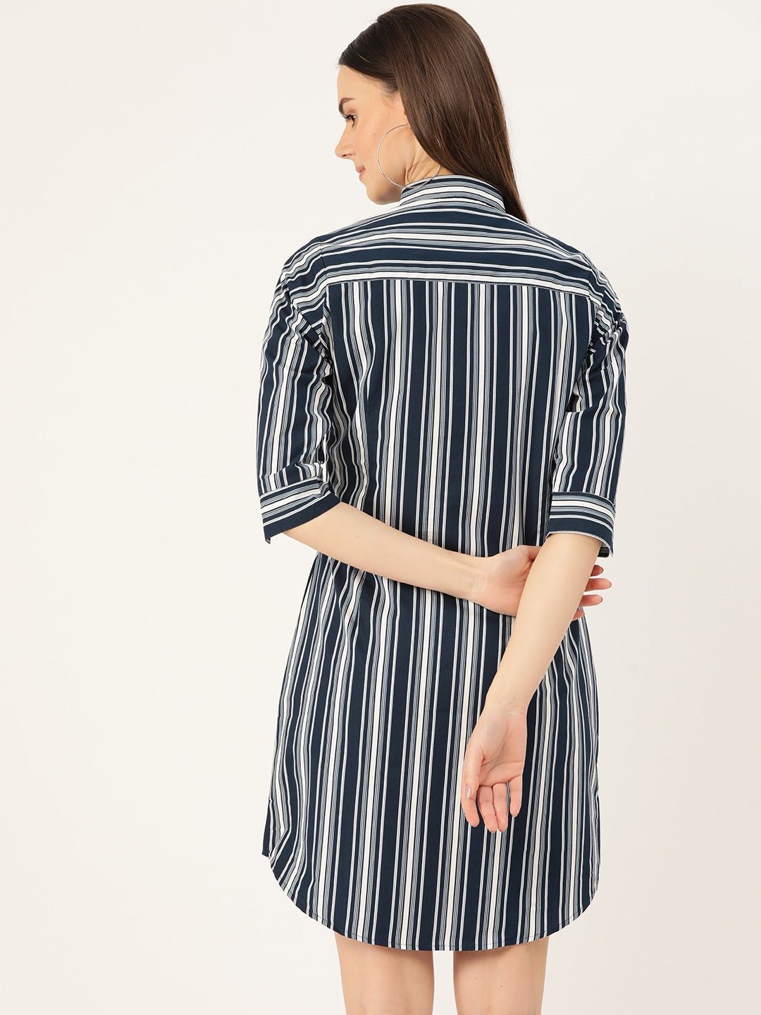 Women Navy & White Stripes Pure Cotton Regular Fit Shirt Dress - #folk republic#