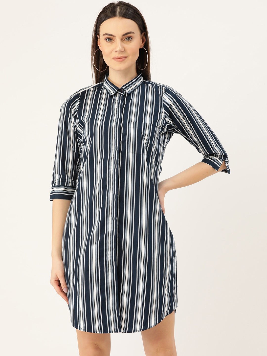 Women Navy & White Stripes Pure Cotton Regular Fit Shirt Dress - #folk republic#
