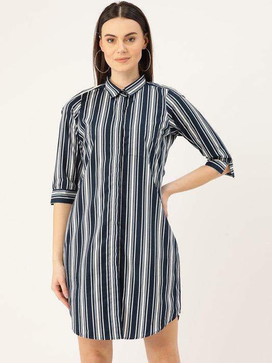 Women Navy & White Stripes Pure Cotton Regular Fit Shirt Dress - #folk republic#