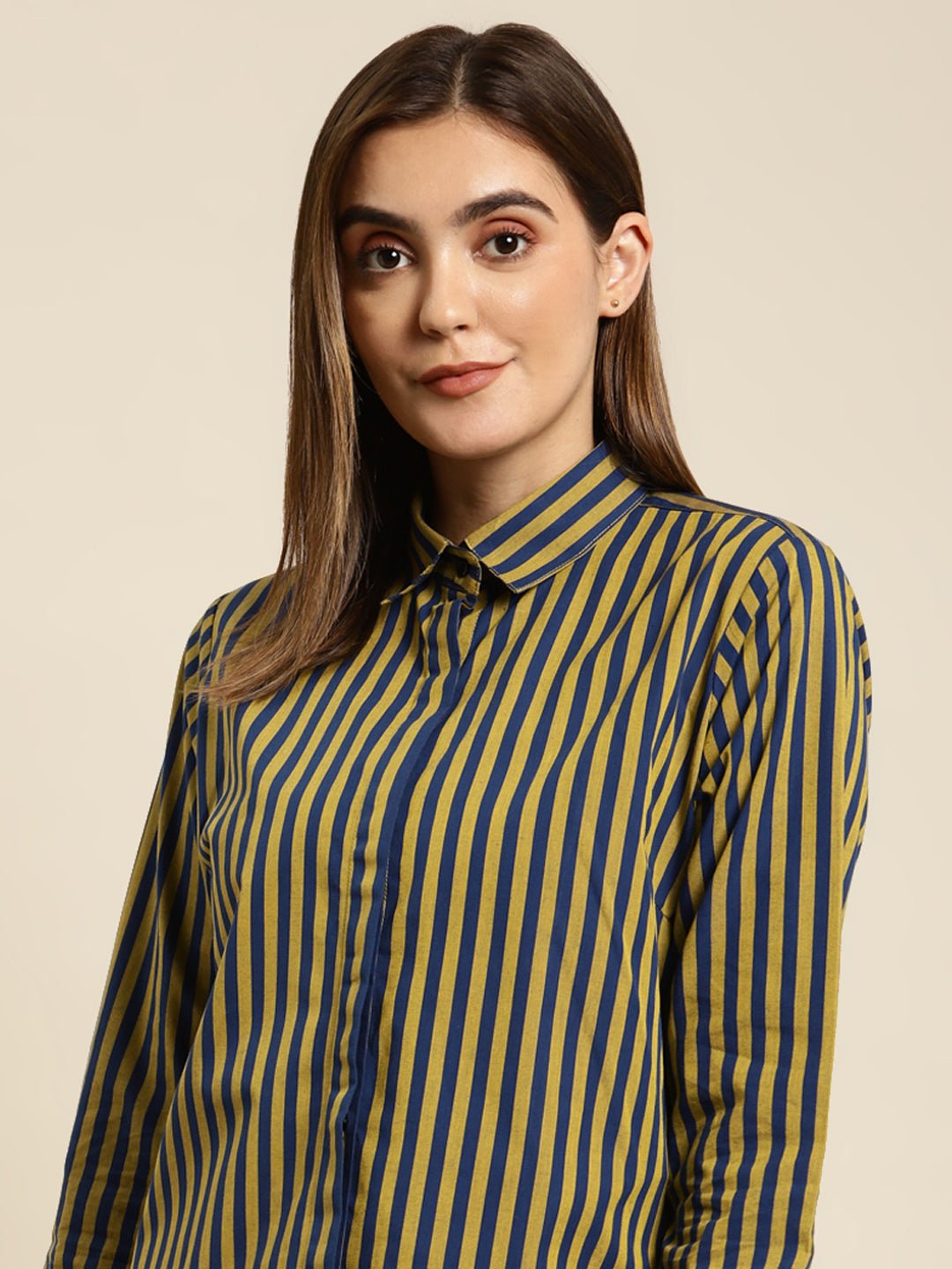 Women Navy & Yellow Striped Pure Cotton Regular Fit Formal Shirt - #folk republic#