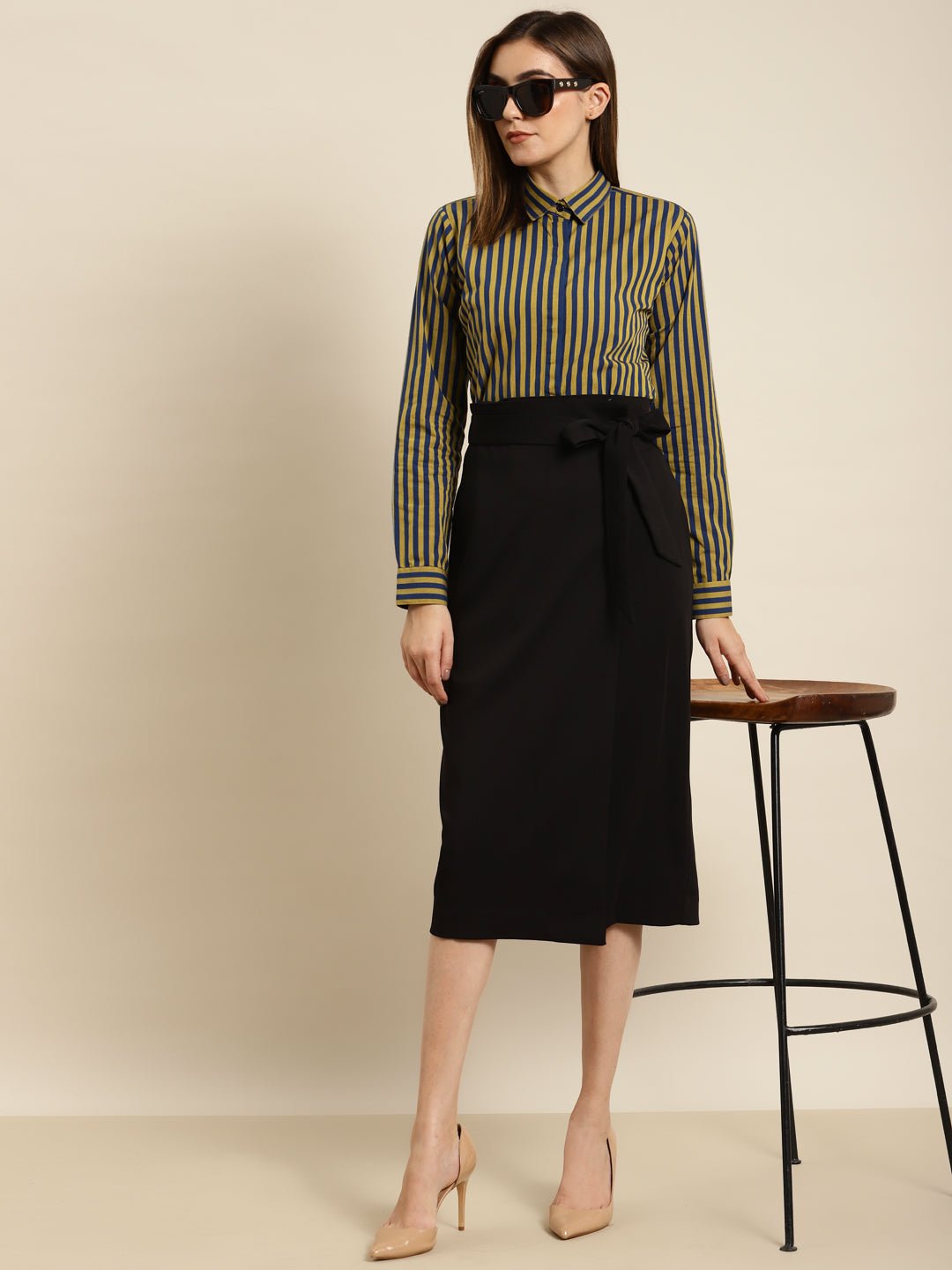 Women Navy & Yellow Striped Pure Cotton Regular Fit Formal Shirt - #folk republic#