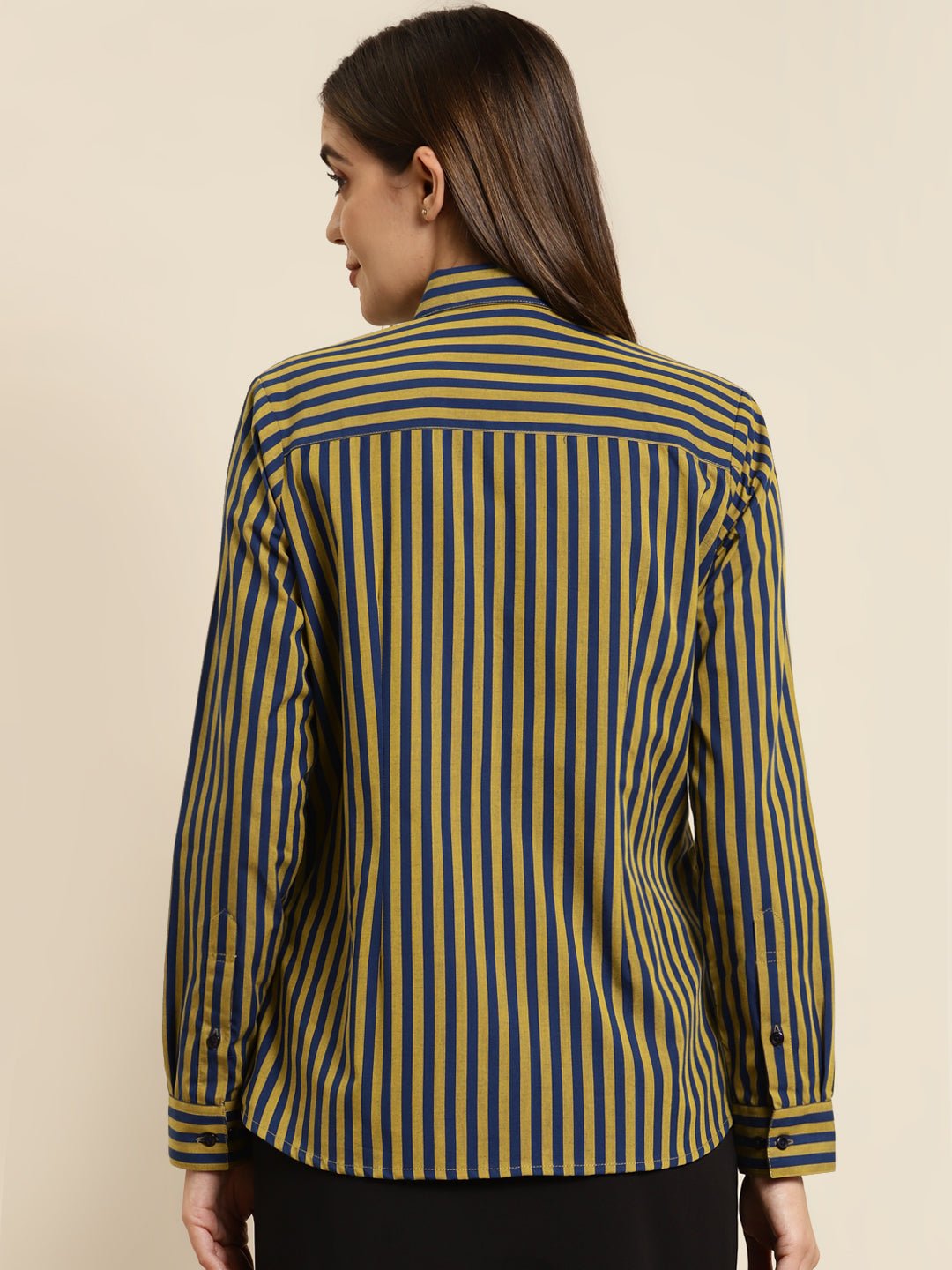 Women Navy & Yellow Striped Pure Cotton Regular Fit Formal Shirt - #folk republic#