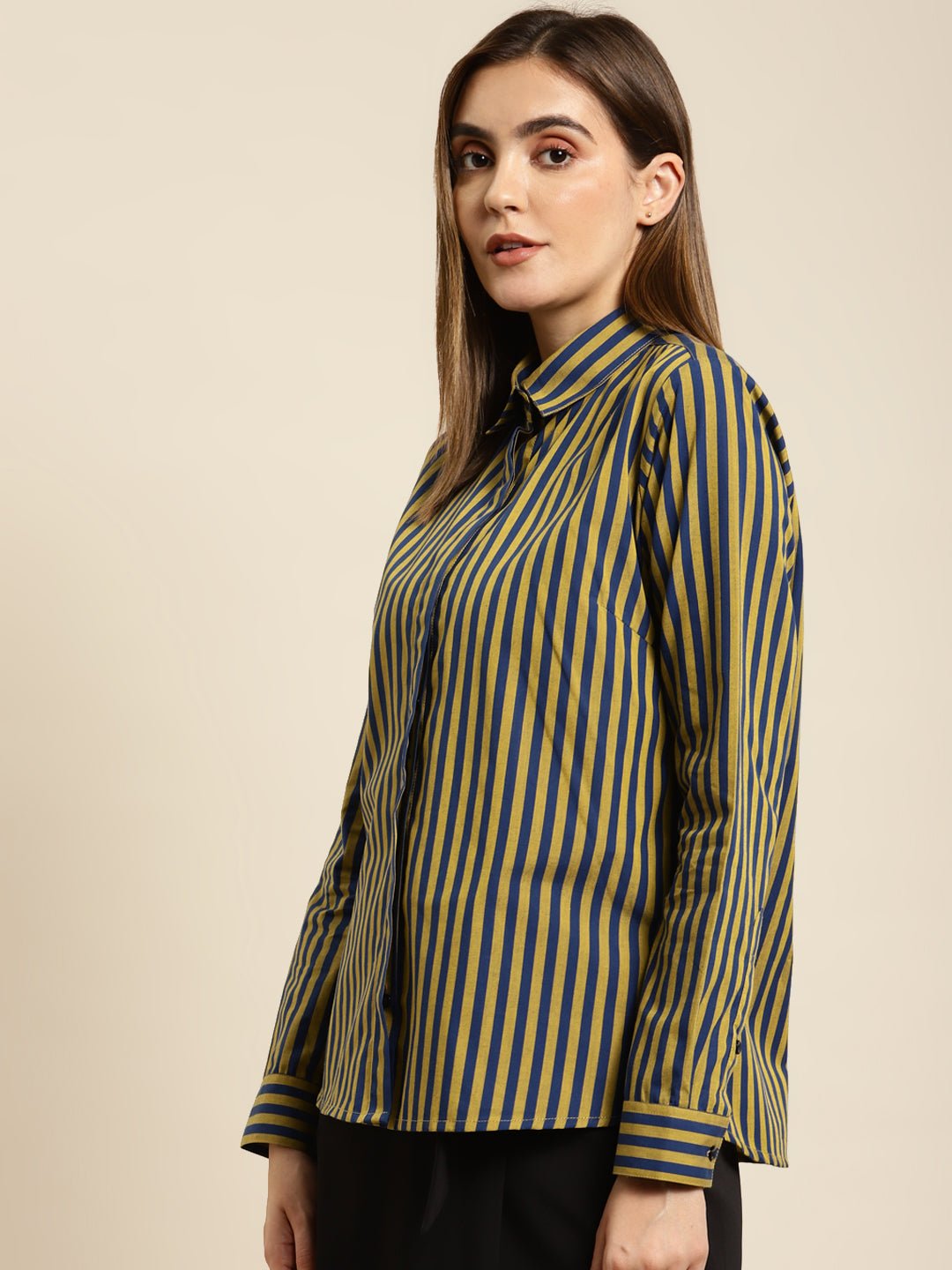 Women Navy & Yellow Striped Pure Cotton Regular Fit Formal Shirt - #folk republic#