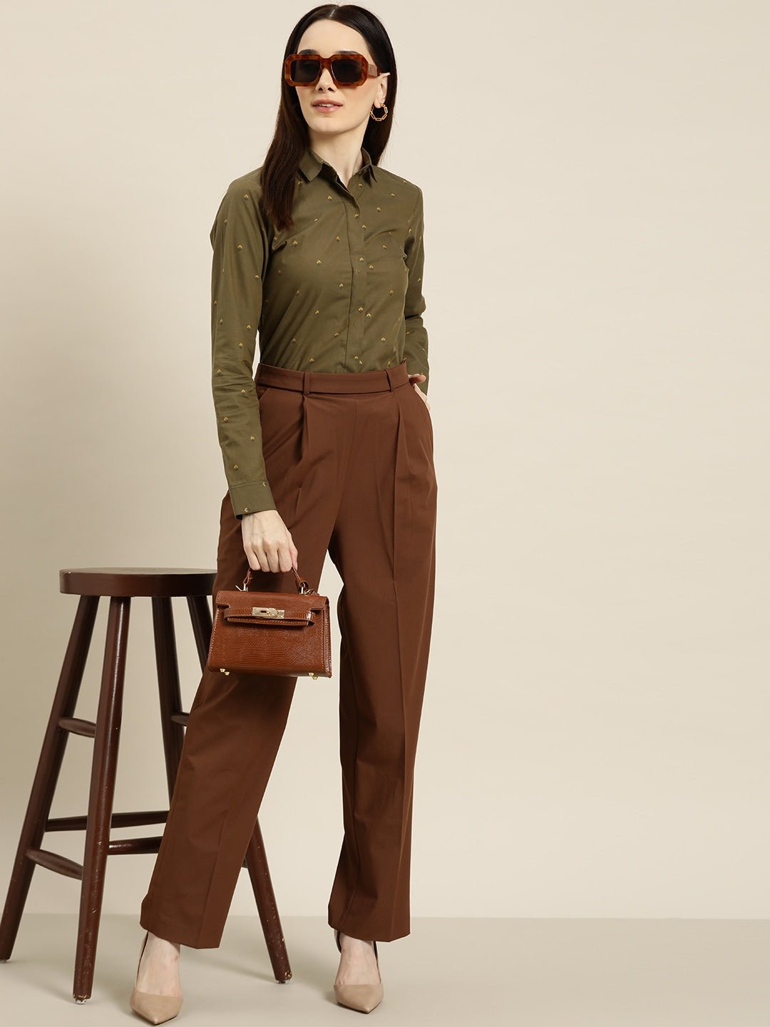 Women Olive Prints Pure Cotton Slim Fit Formal Shirt - #folk republic#
