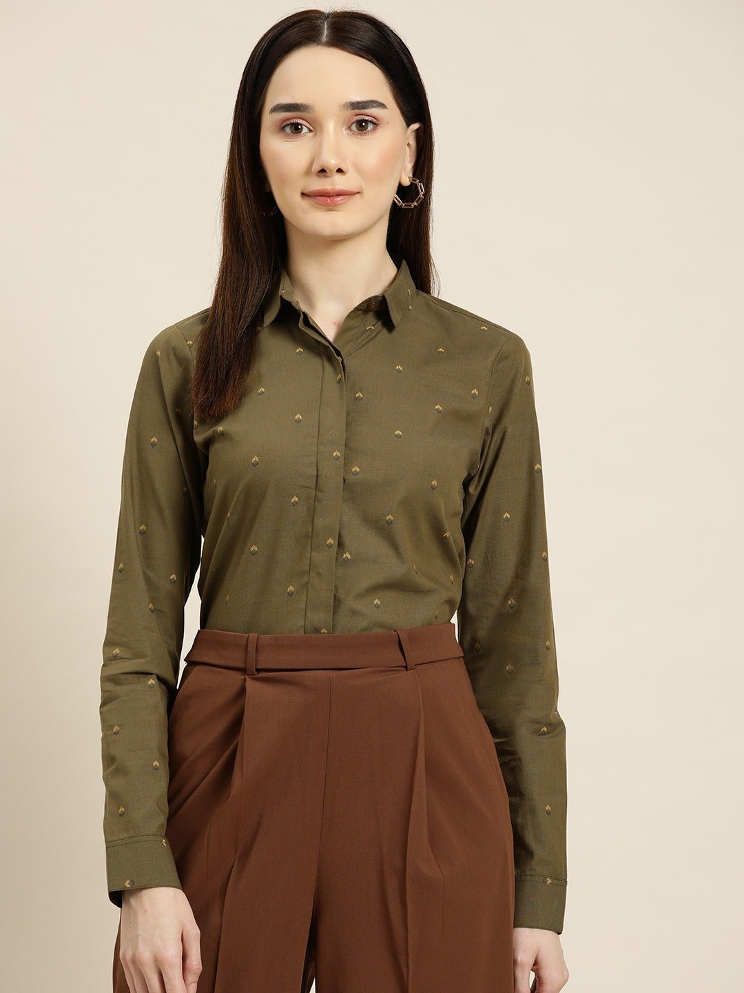 Women Olive Prints Pure Cotton Slim Fit Formal Shirt - #folk republic#
