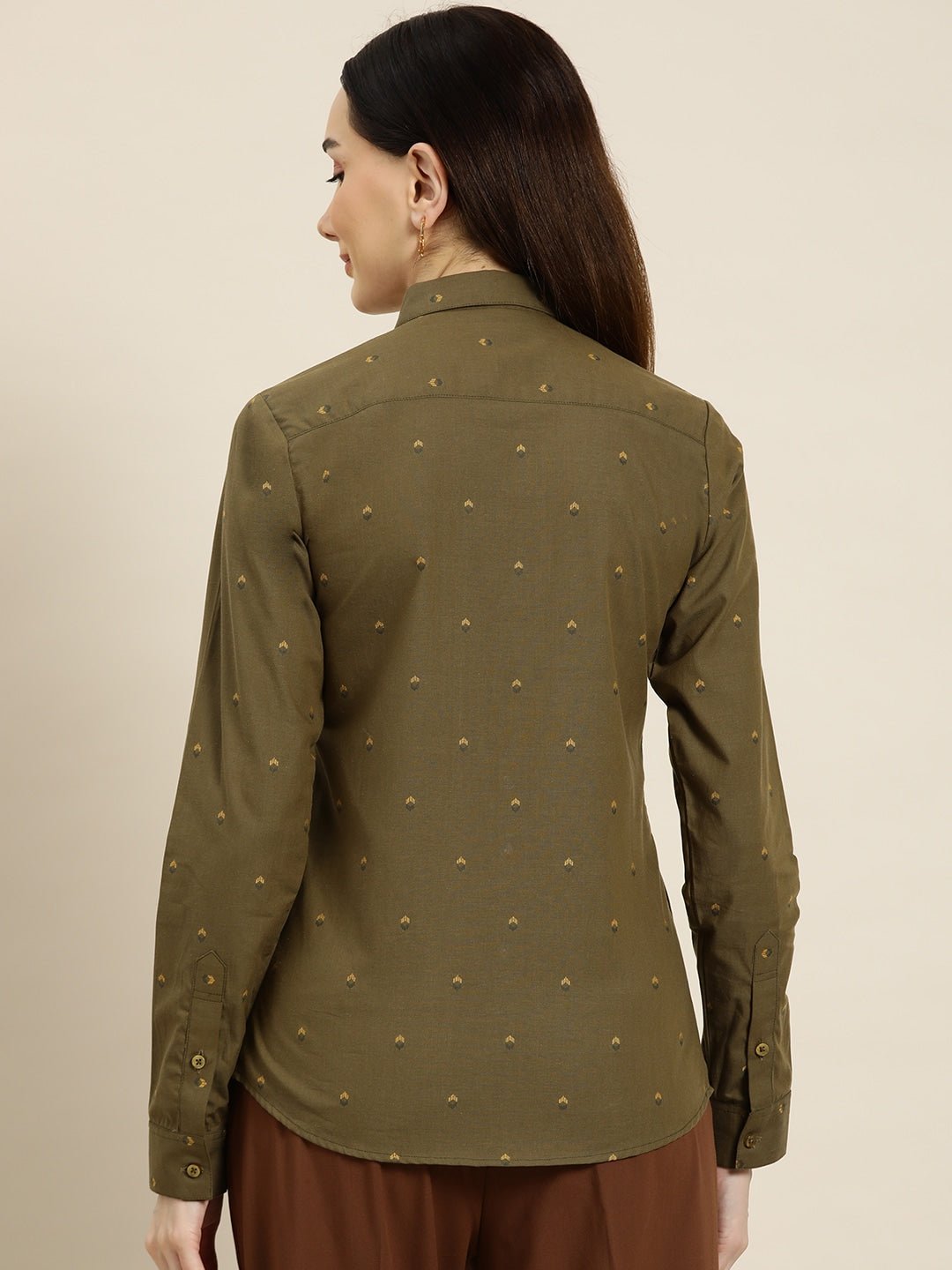 Women Olive Prints Pure Cotton Slim Fit Formal Shirt - #folk republic#