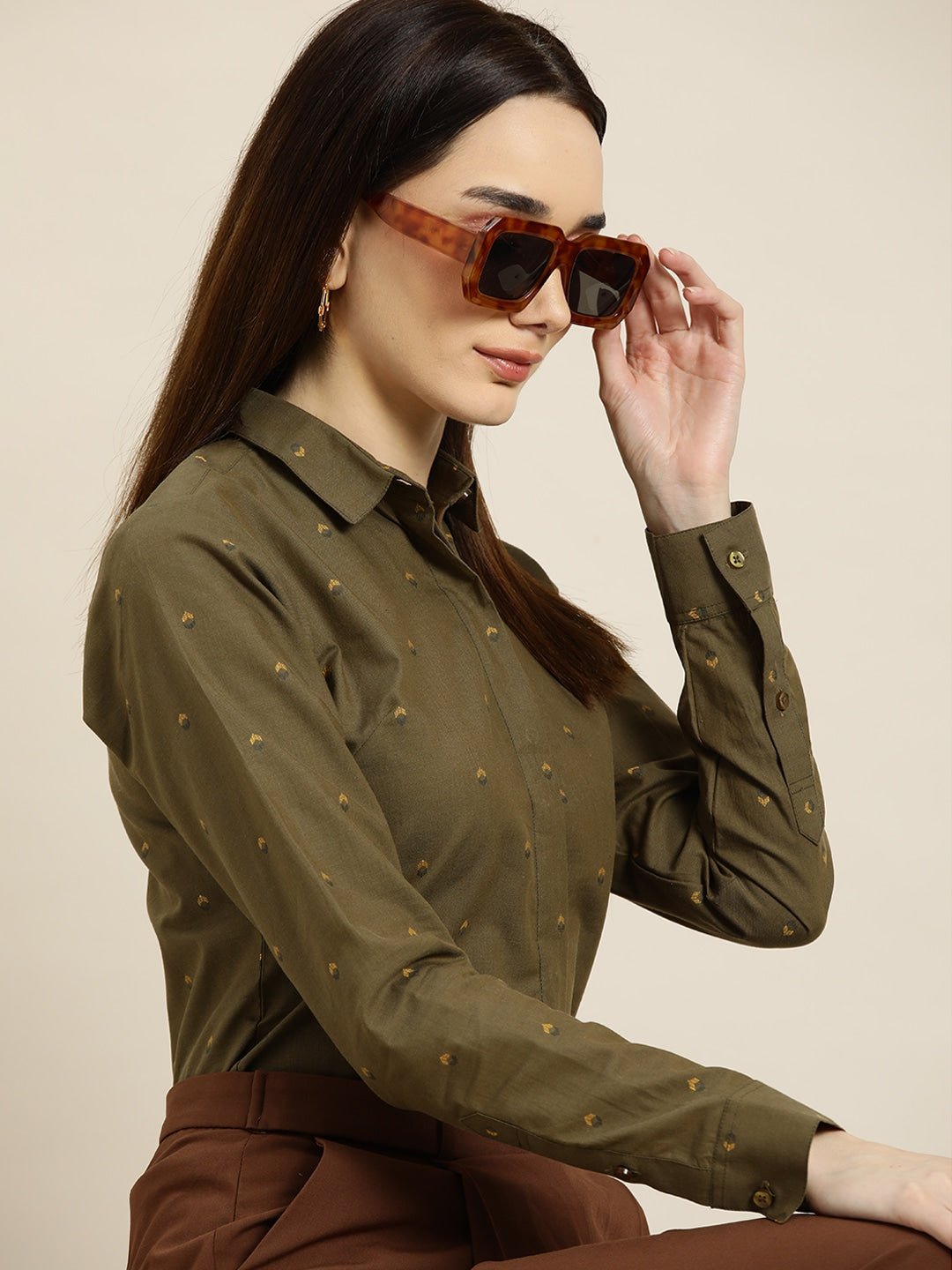 Women Olive Prints Pure Cotton Slim Fit Formal Shirt - #folk republic#