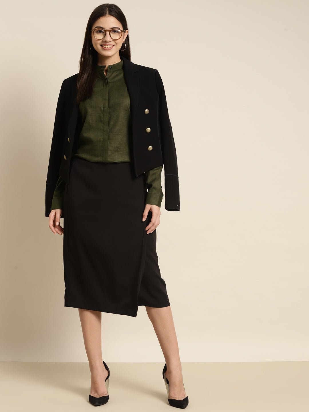 Women Olive Solid Pure Cotton Regular Fit Formal Shirt - #folk republic#